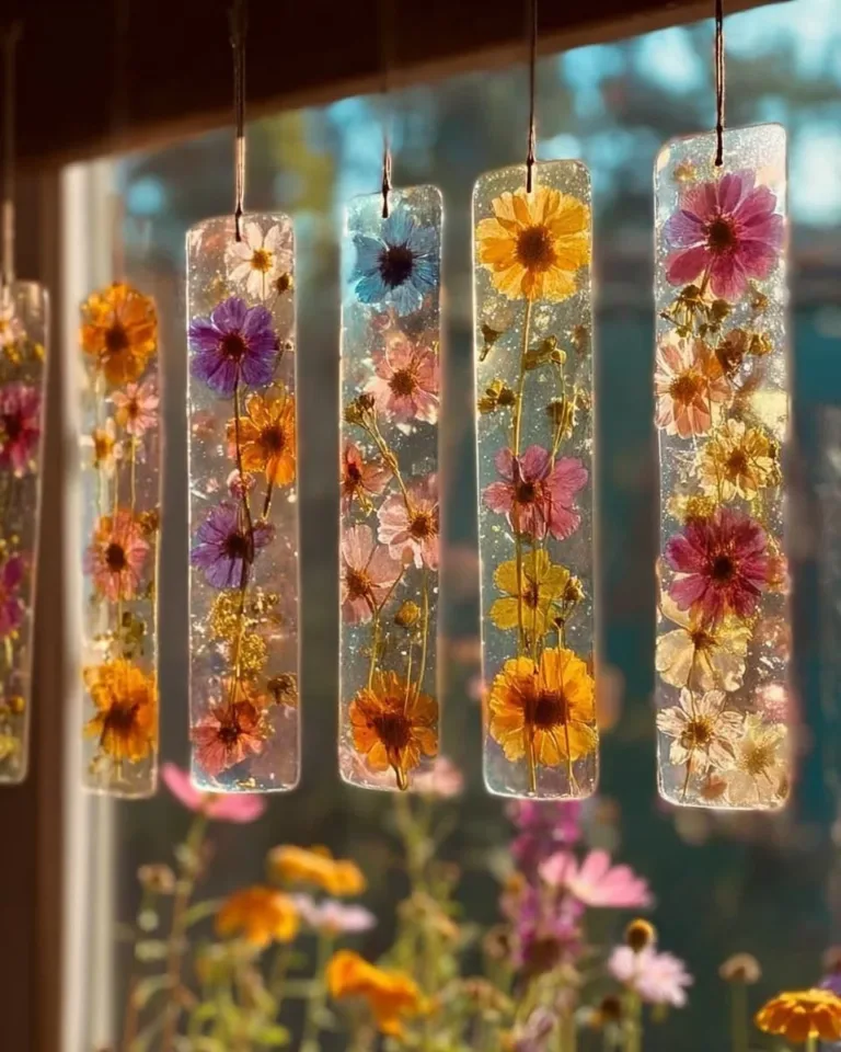 Colorful DIY bioplastic suncatcher hanging in a window