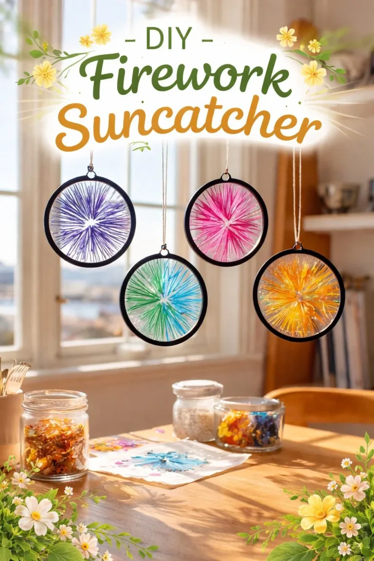 Colorful DIY firework suncatcher hanging in sunlight, casting vibrant shadows.