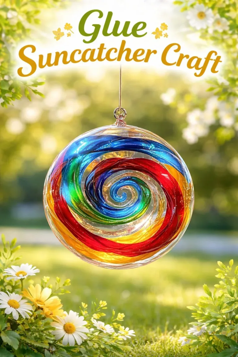 Colorful DIY glue suncatcher craft hanging in a window