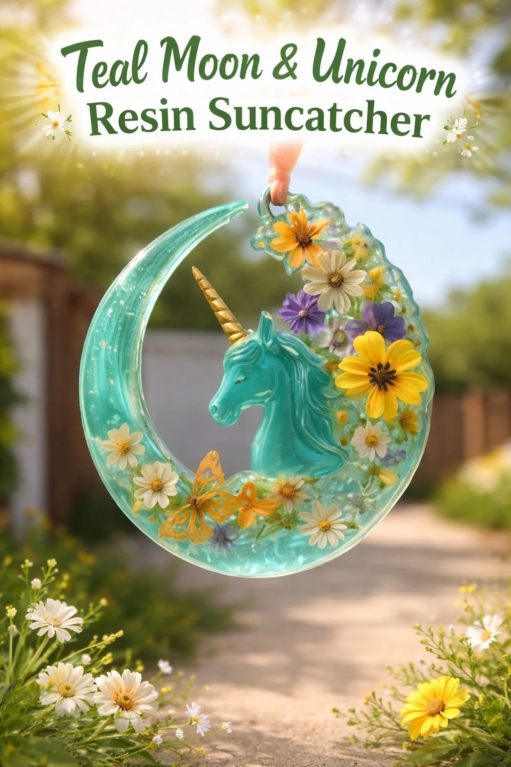 Teal Moon & Unicorn Resin Suncatcher