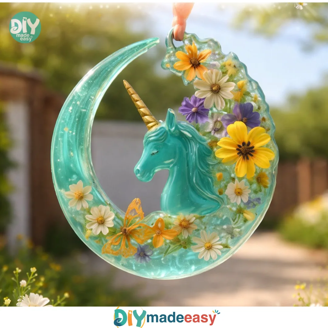 Teal Moon & Unicorn Resin Suncatcher