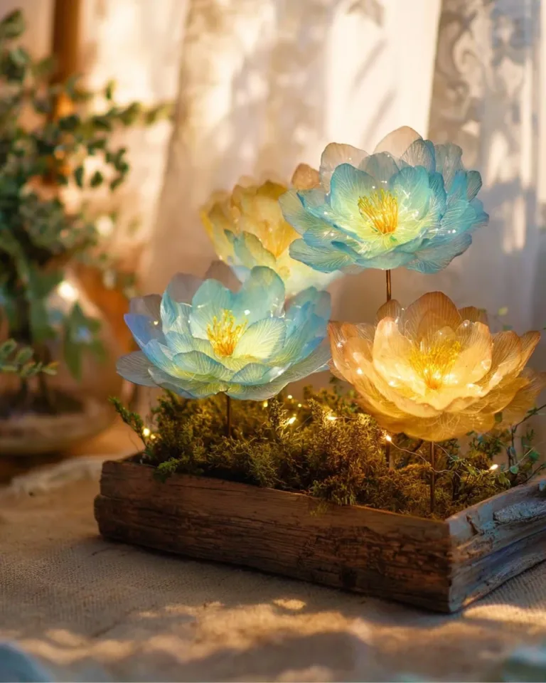 Glow-in-the-dark crystal flowers illuminated in vibrant colors
