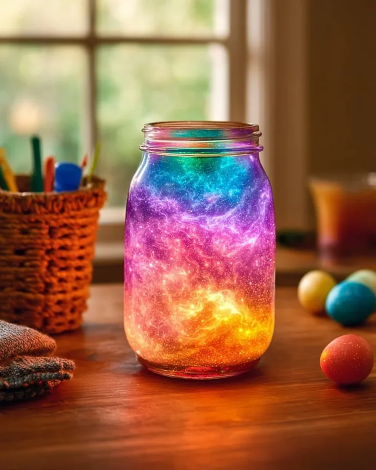 Mesmerizing glowing glitter jar filled with colorful sparkles for creative decor.