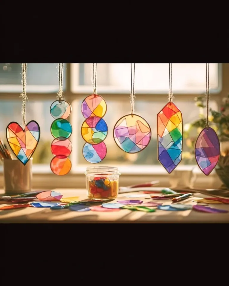 Vibrant Mod Podge and tissue paper suncatchers hanging in a sunny window.