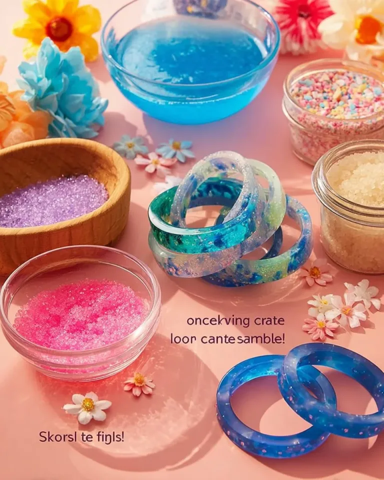 Colorful resin bracelets showcasing artistic designs and a gleaming finish.