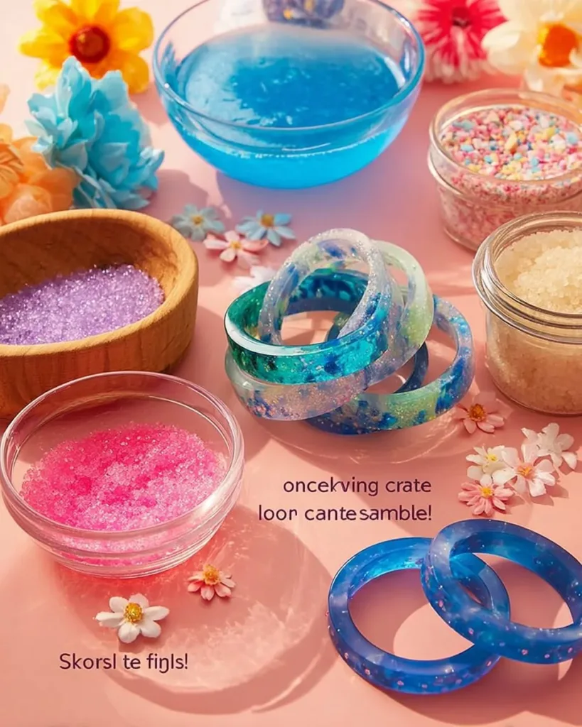 Colorful resin bracelets showcasing artistic designs and a gleaming finish.