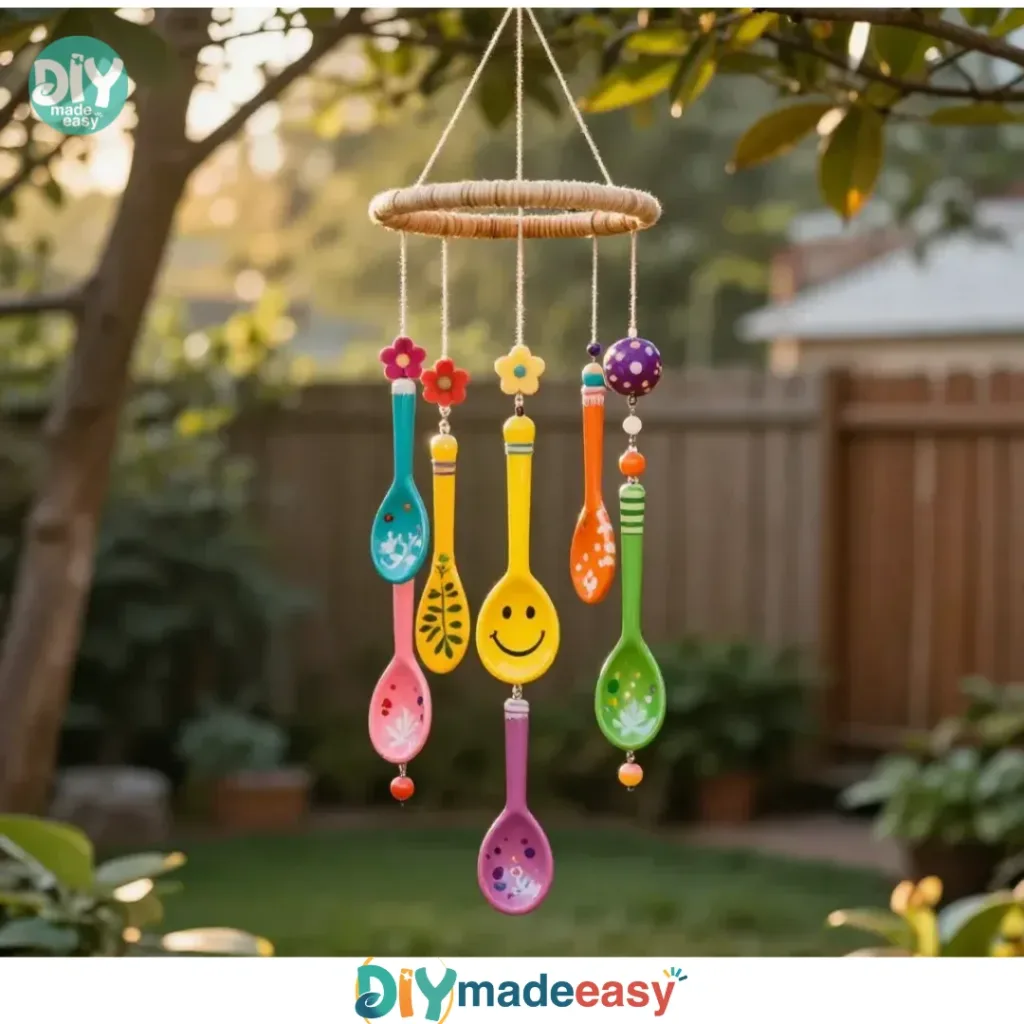 Colorful Painted Wooden Spoon Garden Chimes hanging in a garden.
