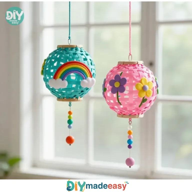 Colorful DIY beaded hanging lanterns displayed at a cozy outdoor setting.