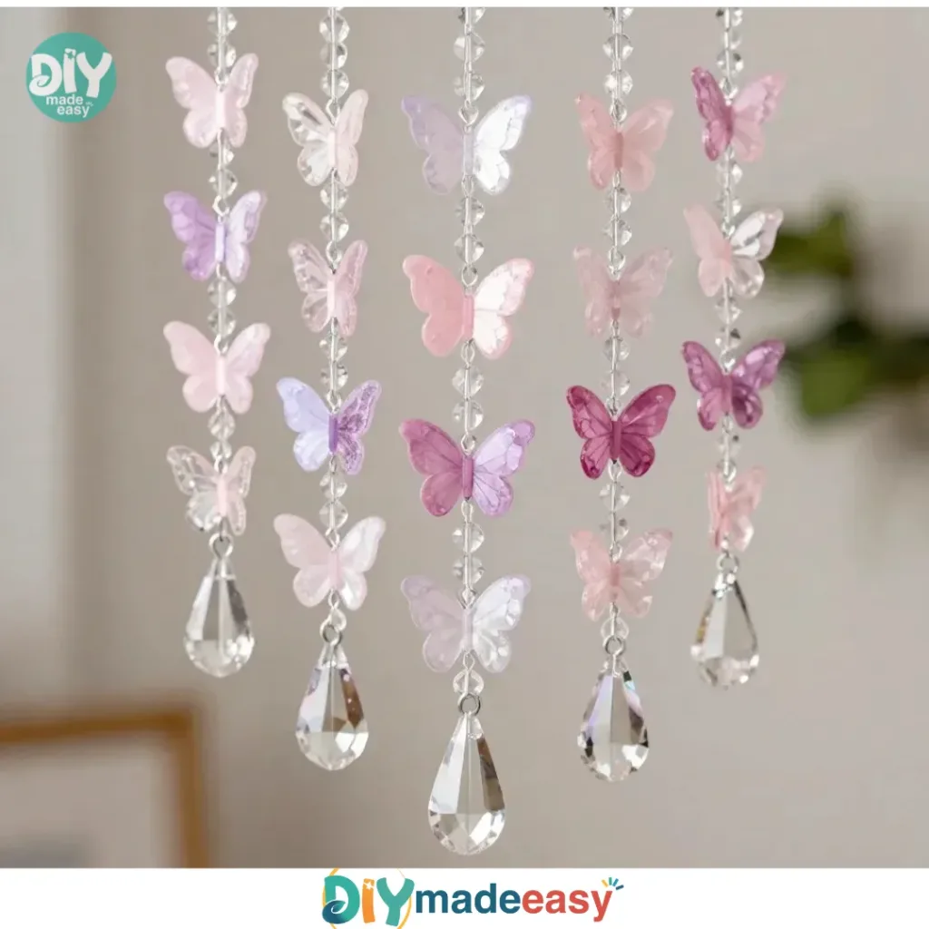 DIY floral crystal wind chime hanging in a garden