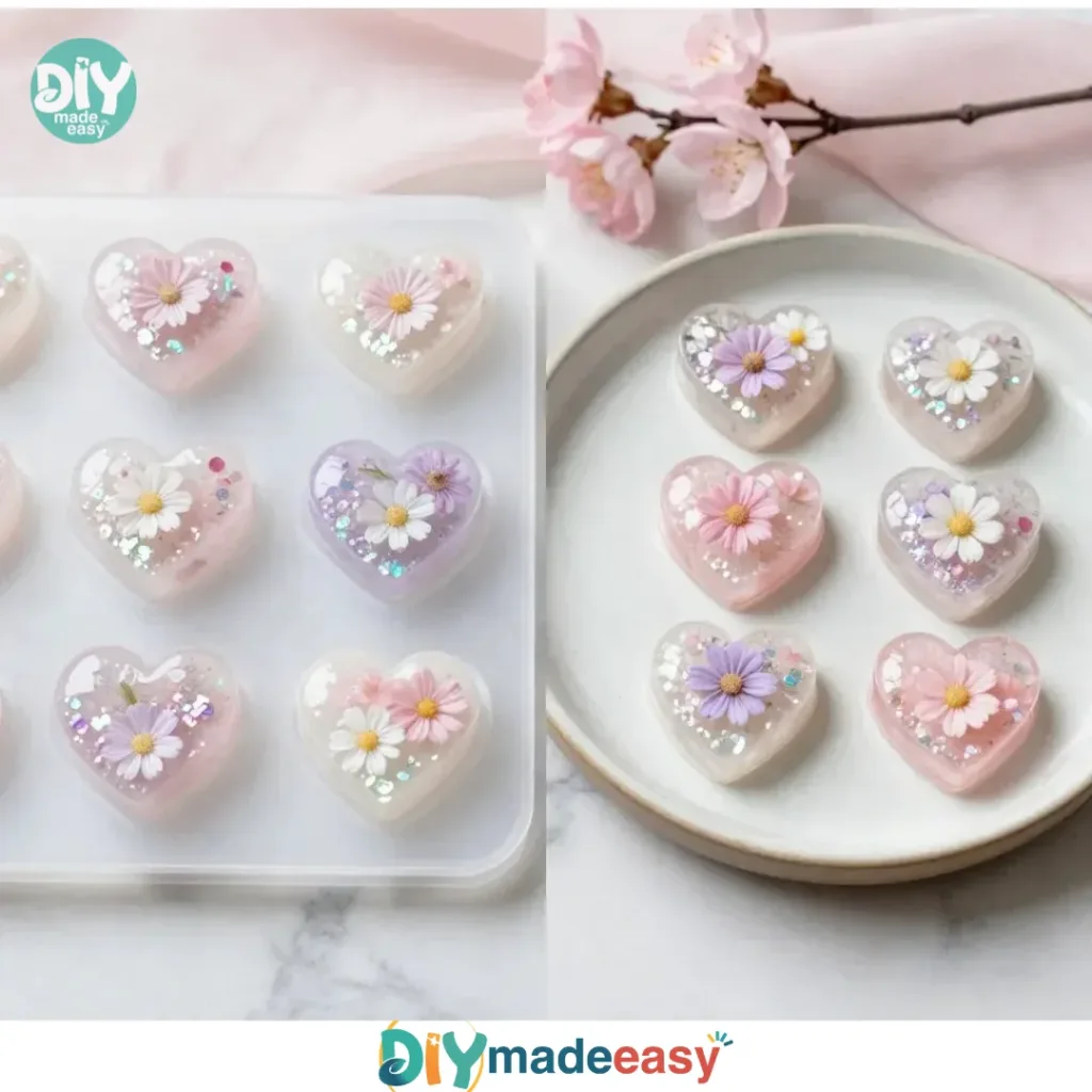 DIY flower heart craft tutorial with colorful flowers and heart shape design