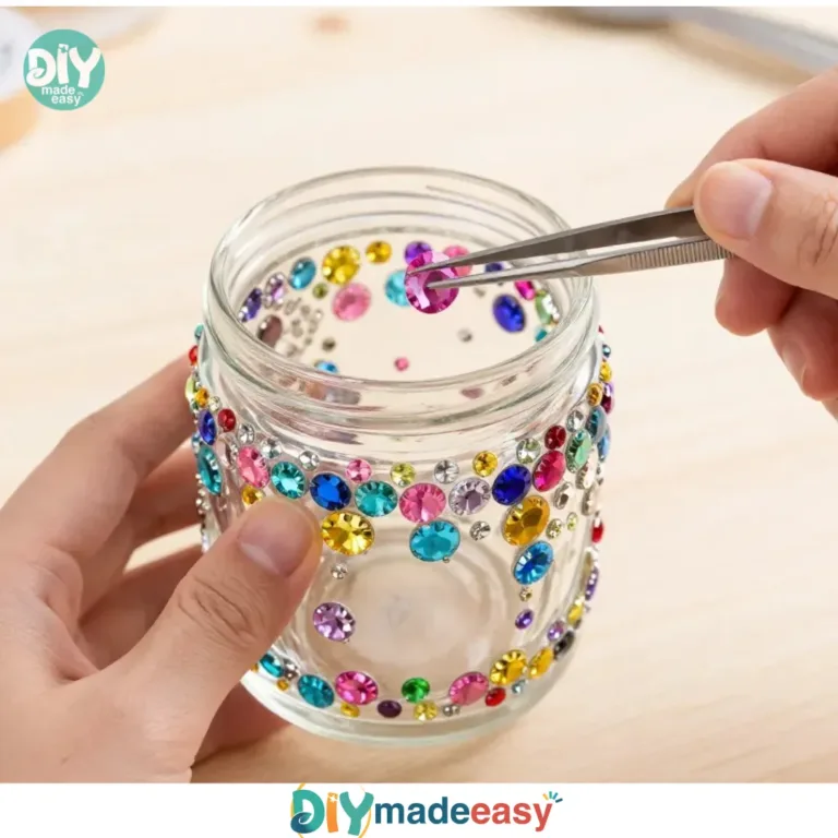 DIY gemstone glow jar glowing with colorful lights and decorative stones.