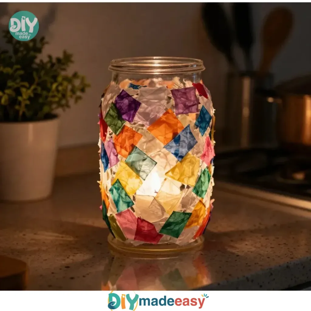DIY mosaic milk jug lantern for cozy home decor.