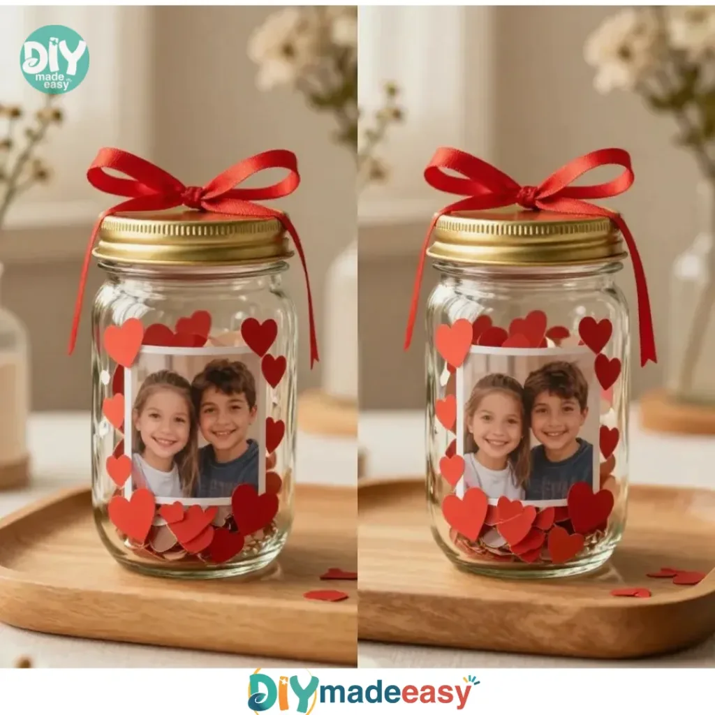 DIY photo glitter snow globe jar with colorful decorations and sparkling glitter
