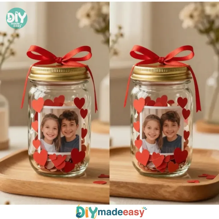 DIY photo glitter snow globe jar with colorful decorations and sparkling glitter