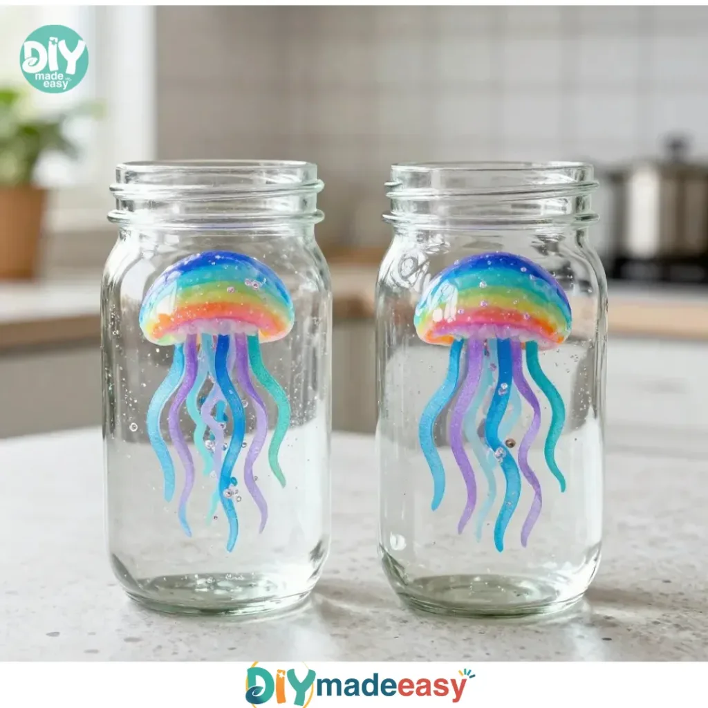 Colorful floating jellyfish craft hanging decor for kids' activities.