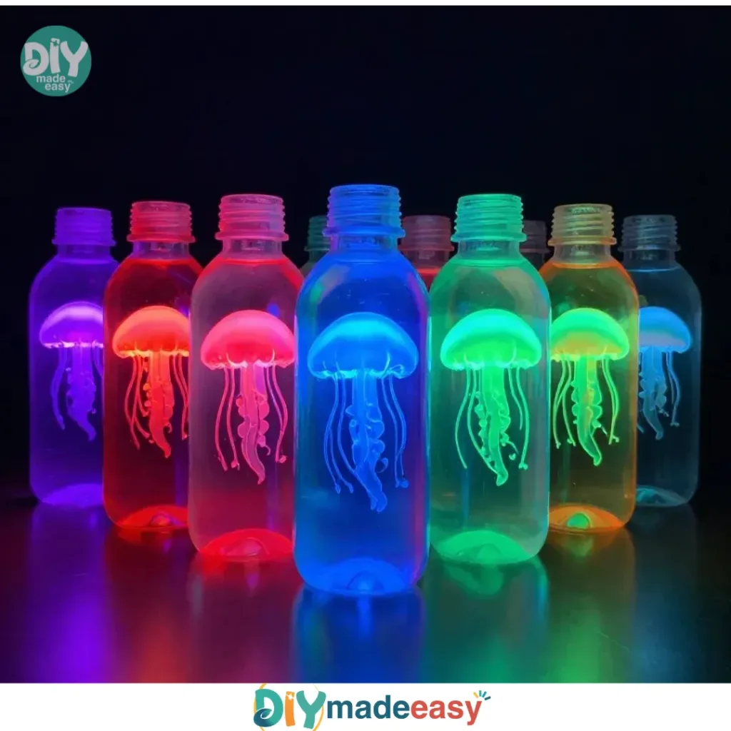 Glowing jellyfish in a decorative bottle illuminating a serene ambiance.