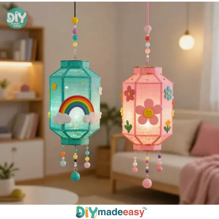 Colorful hanging cup lanterns adding light to a garden decor