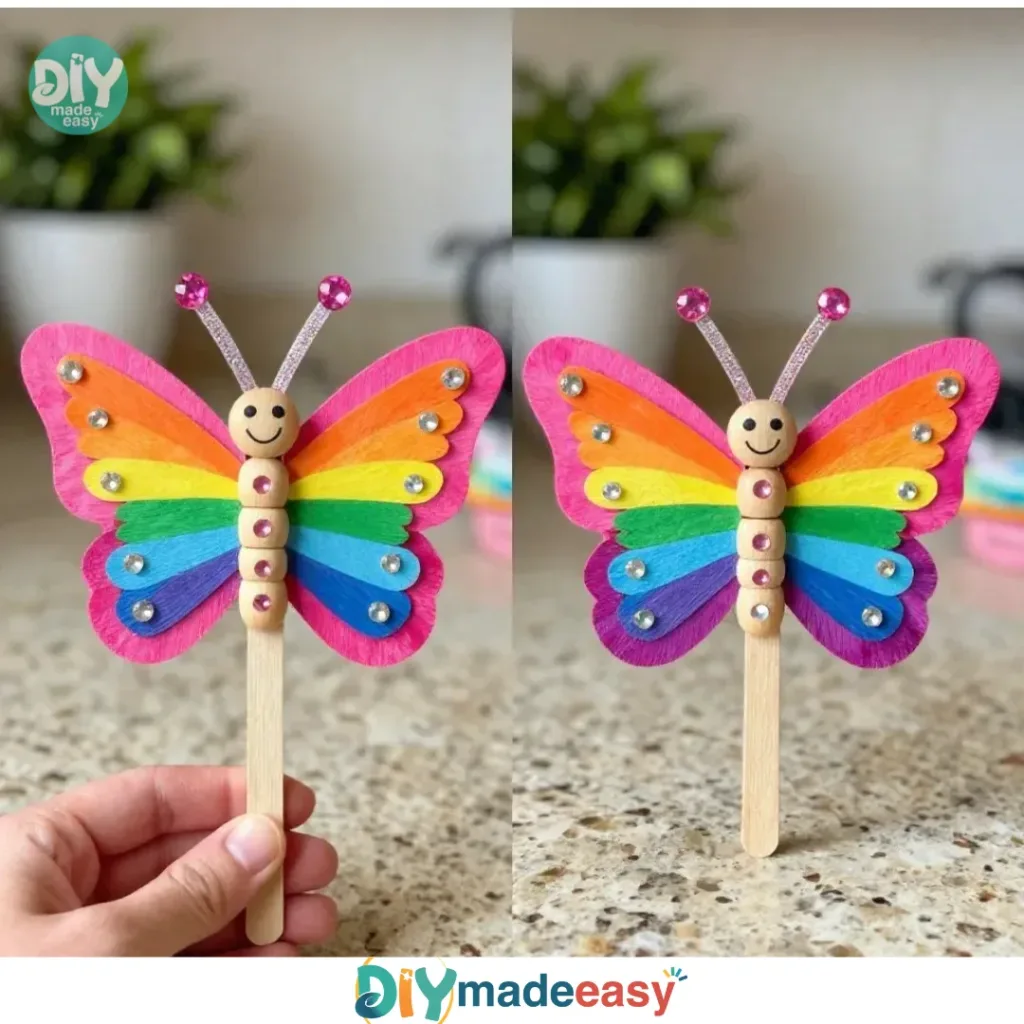 Colorful magic butterfly craft displayed in a cozy home setting.