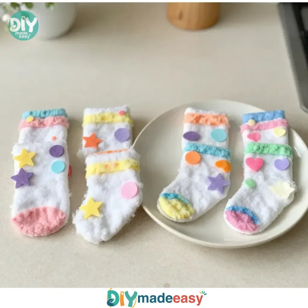 Colorful puffy paint art on socks showcasing creativity and unique designs
