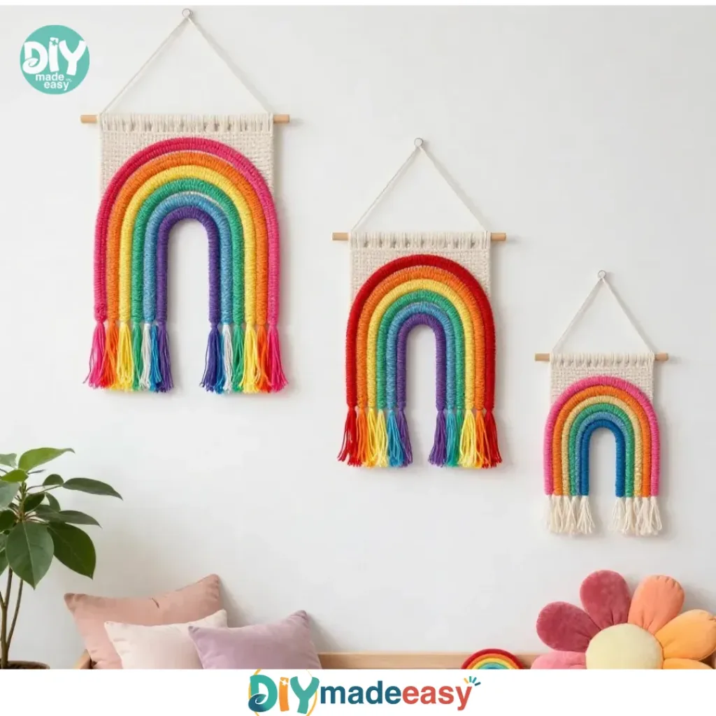 Colorful scrap yarn boho wall art piece showcasing eco-friendly home decor.