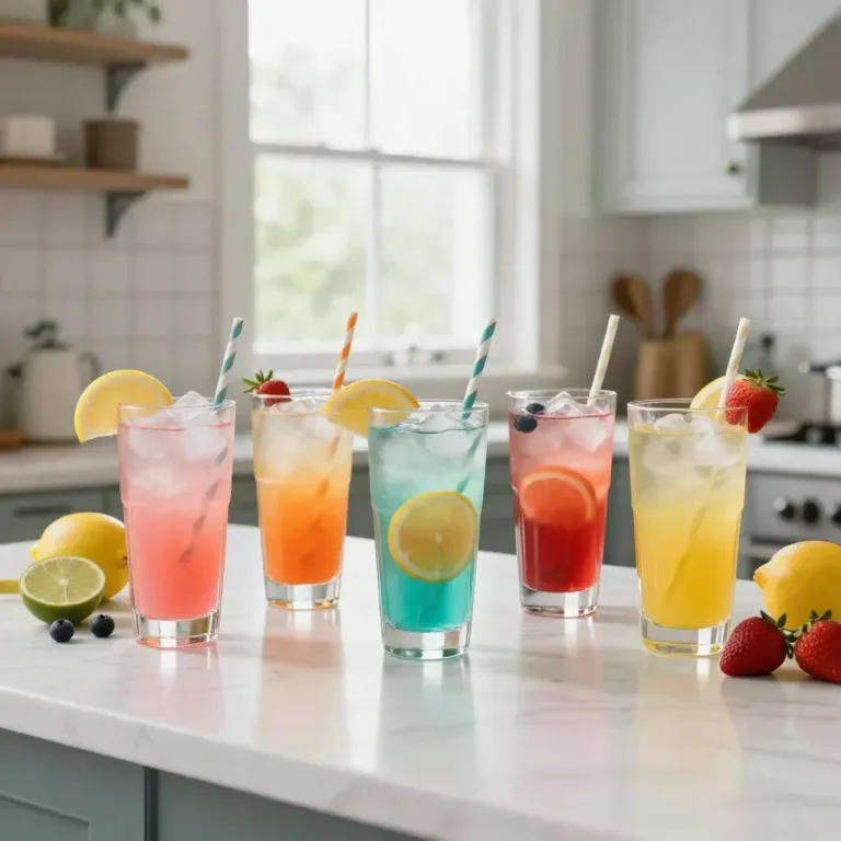 Colorful summer fruit cocktails with fresh fruits in vibrant glasses