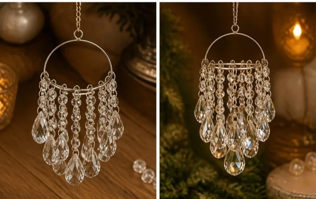 Elegant crystal chandelier ornament enhancing home decor with shimmering crystals.