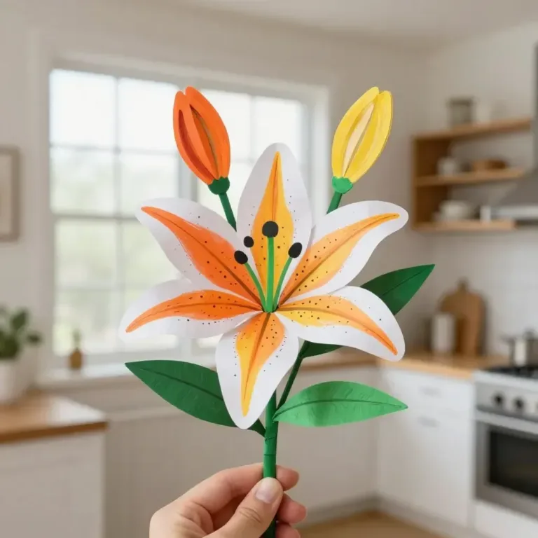 Colorful handprint paper lilies created in a DIY craft tutorial