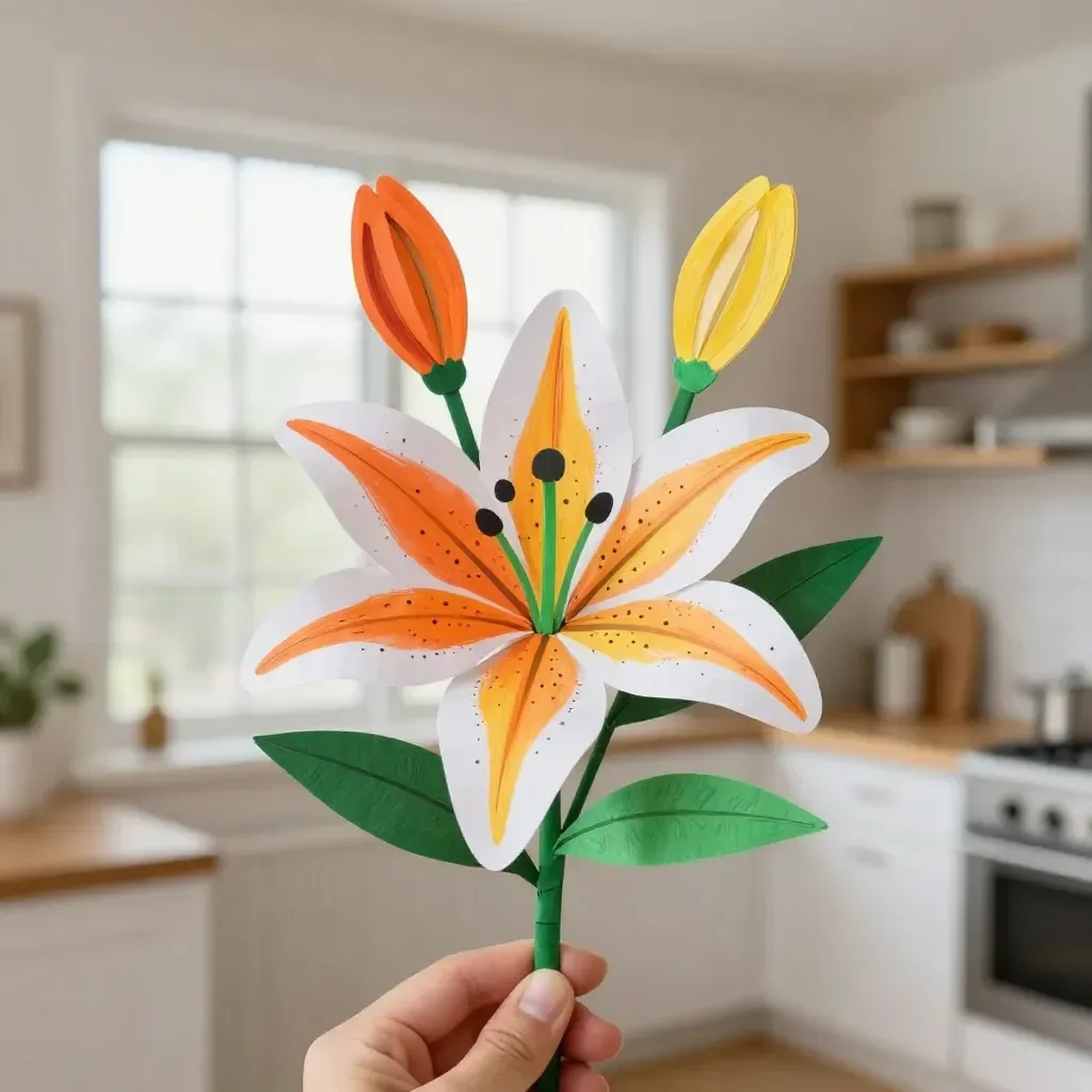 Colorful handprint paper lilies created in a DIY craft tutorial