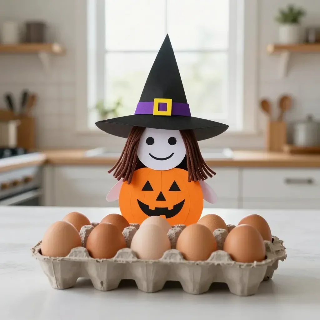 DIY Halloween crafts featuring egg box witch portraits made from wooden eggs.