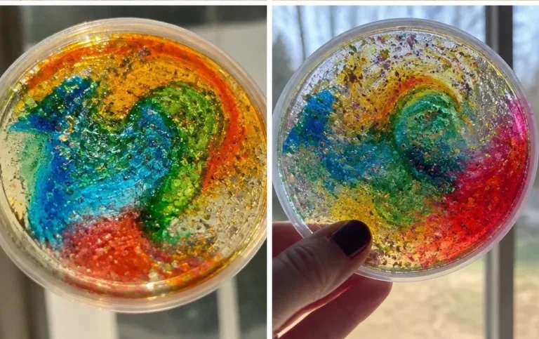 Colorful Firework Glue Suncatcher craft drying in the sunlight
