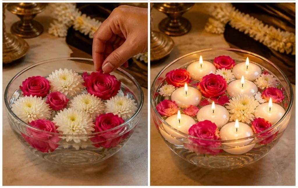 Floating flower candle bowl creating a tranquil ambiance