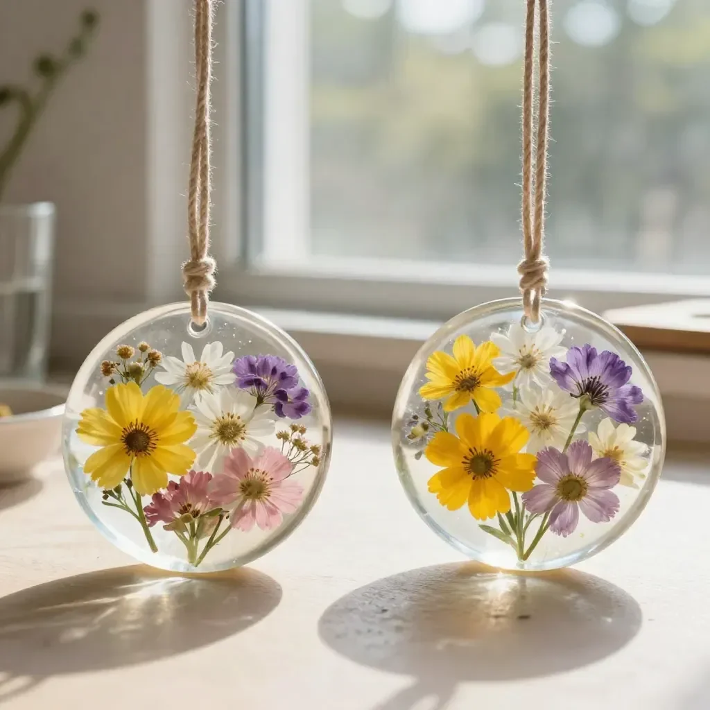 Beautiful frozen flower ice suncatcher glistening in sunlight
