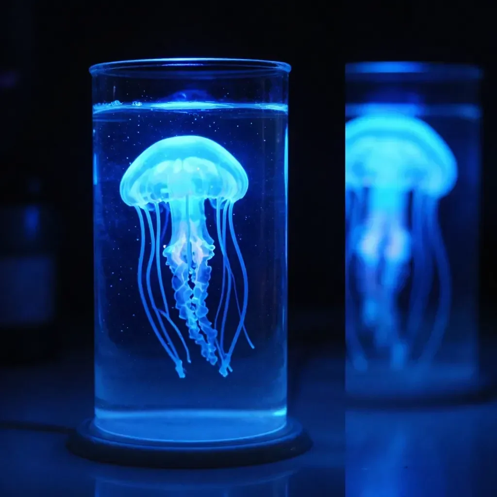 Glowing Jellyfish Jar with luminous jellyfish floating in a serene atmosphere.
