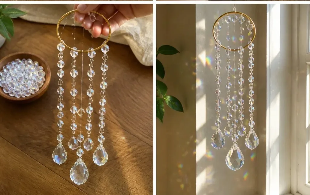 Hanging crystal light catcher reflecting vibrant colors in sunlight.
