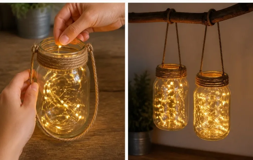Stylish hanging Mason jar lights set up for an aesthetic outdoor gathering