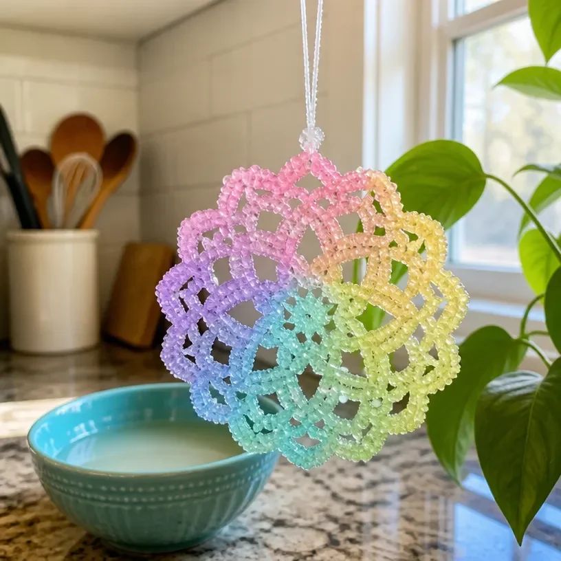 Iridescent Crystal Lace Ornament reflecting light with intricate lace design