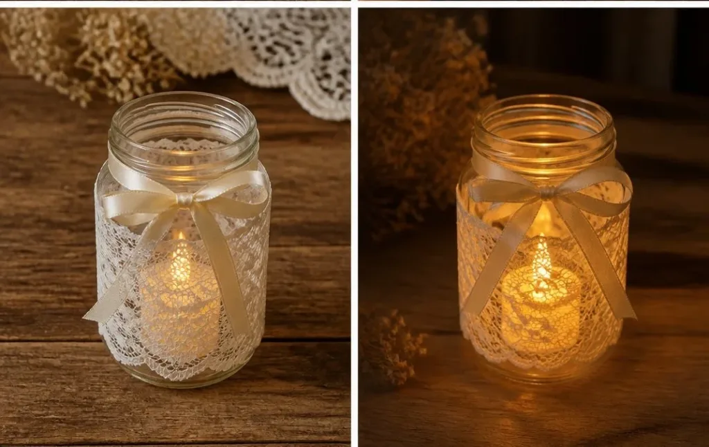 Elegant lace lantern casting soft light in a cozy setting