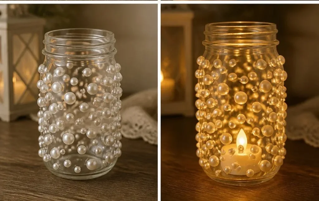 Pearl Mason Jar Lantern with warm glow for indoor and outdoor decor