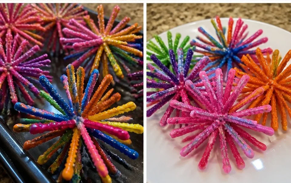 Colorful pipe cleaner firework stamps for arts and crafts projects.