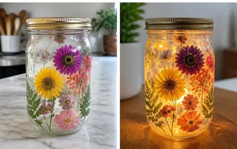 Pressed flower candle holder showcasing vibrant flowers in elegant design.