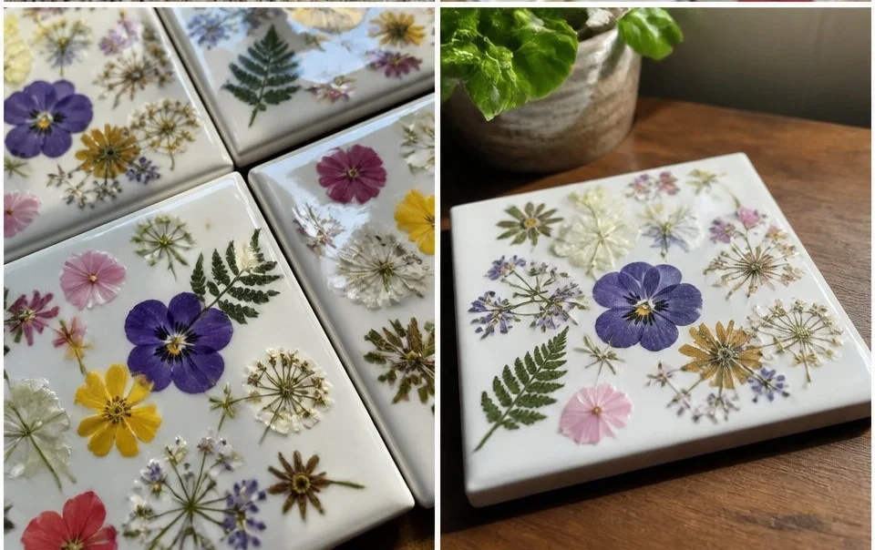Set of decorative pressed flower coasters showcasing vibrant floral designs.