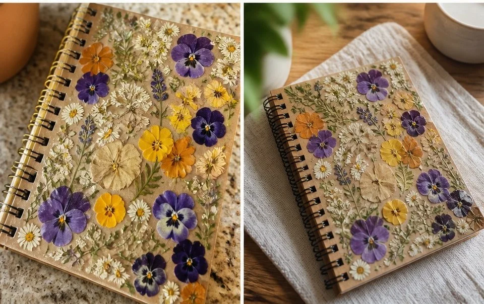 Pressed flower journal cover featuring vibrant and delicate floral designs.