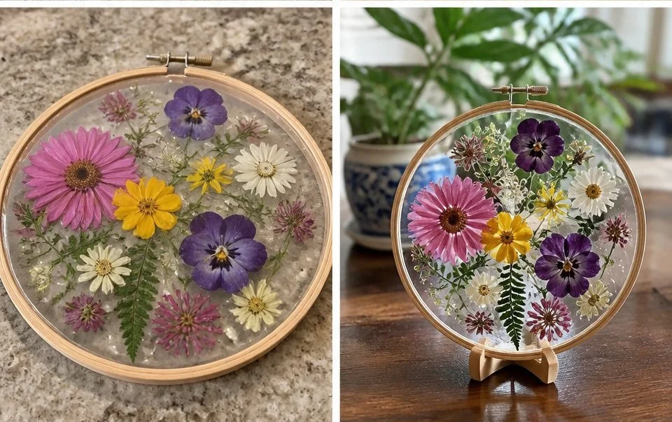 Colorful pressed flower suncatcher hanging in sunlight