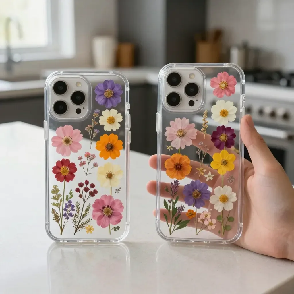 Pressed petal phone case featuring delicate floral designs.
