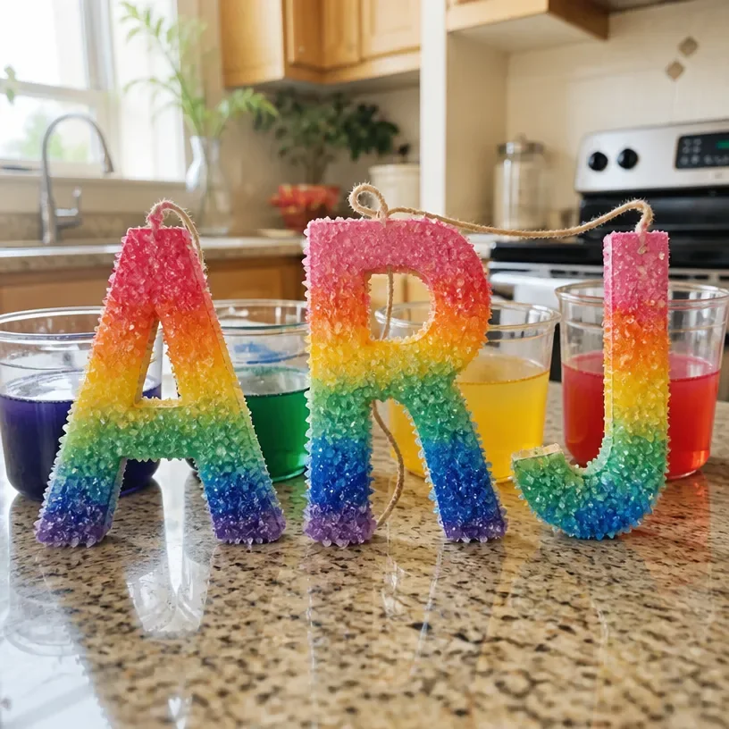 Colorful rainbow crystal initial letters art piece.