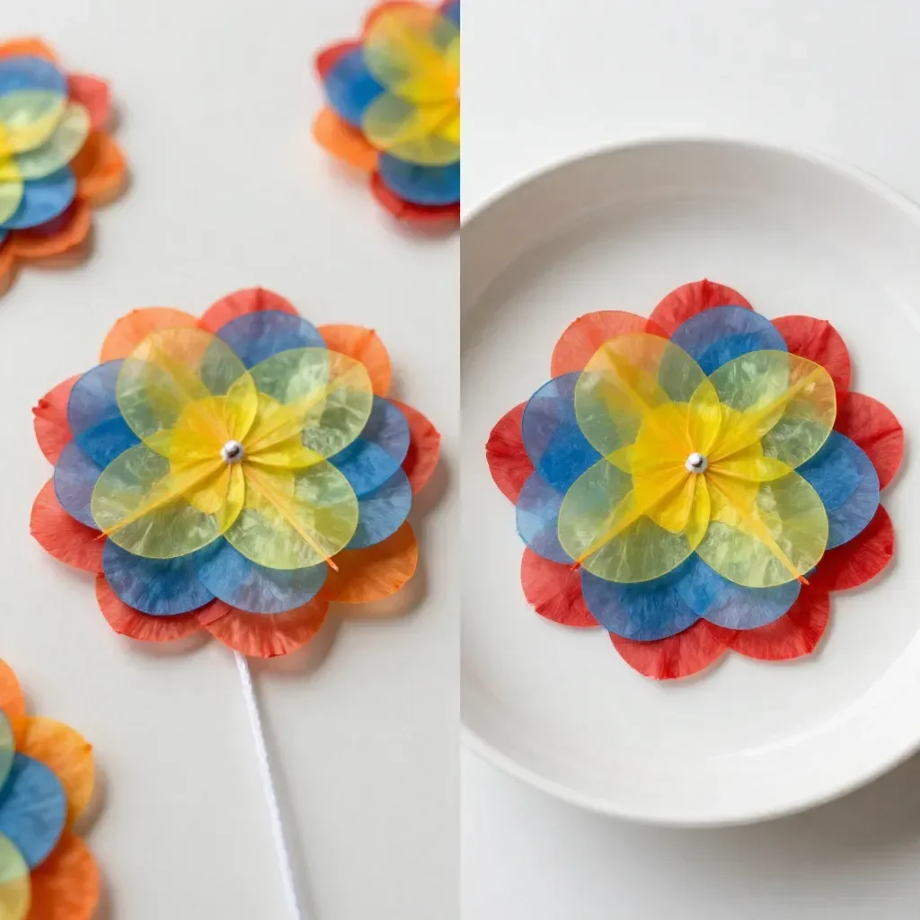 Colorful tissue paper flowers shaped into a unique suncatcher design.