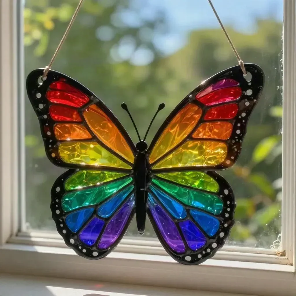 Colorful Butterfly Rainbow Suncatcher craft with layered glue design.