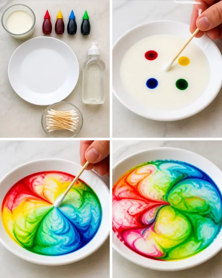Color-Changing Milk Experiment with vibrant colors and swirling patterns