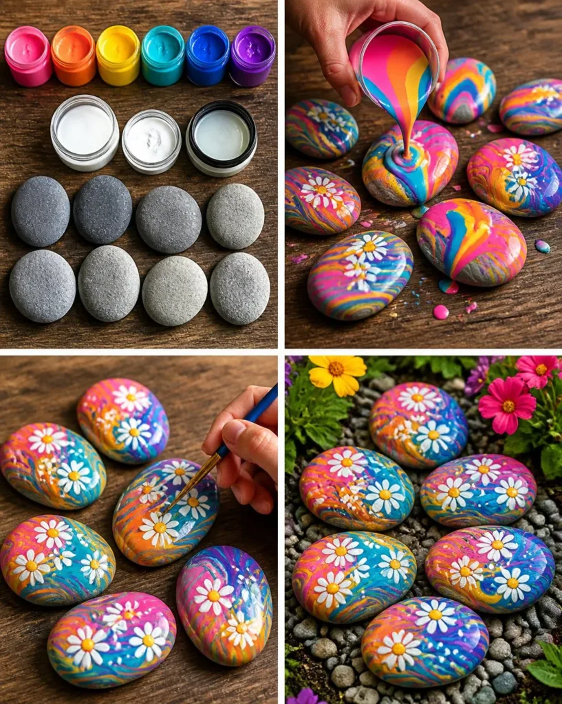 Colorful flower garden decor with rainbow painted rocks enhancing outdoor space