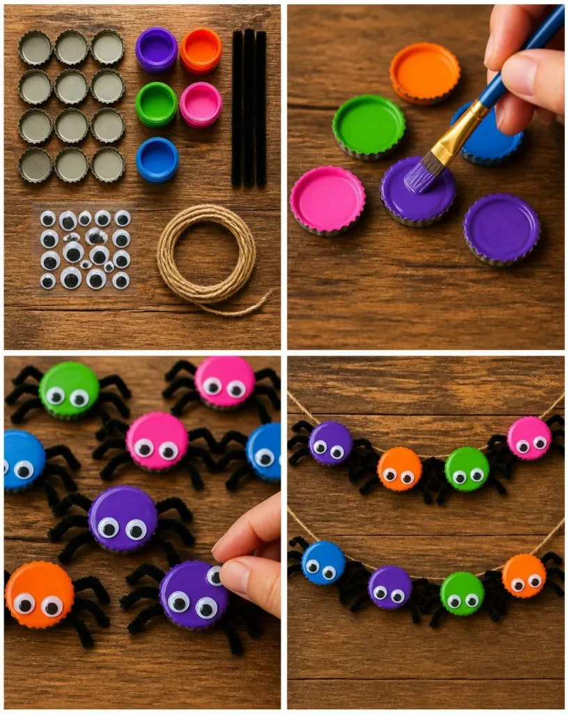 Colorful Halloween decor featuring a bottle cap spider garland for spooky vibes.
